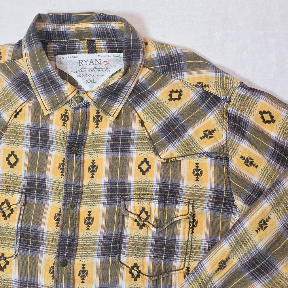 Ryan Michael‎ Mens XXL Yellow Plaid Southwestern Western Metal Snap Long Sleeve